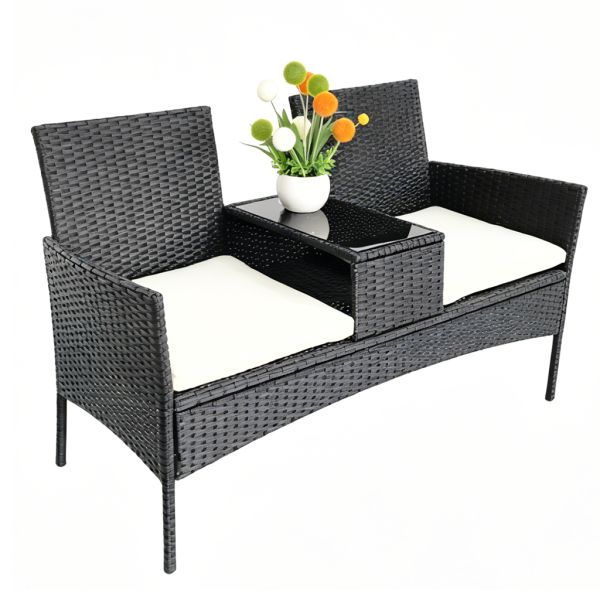 Outdoor Rattan Love Seat with Middle Table 2-Seat Patio Wicker Conversation