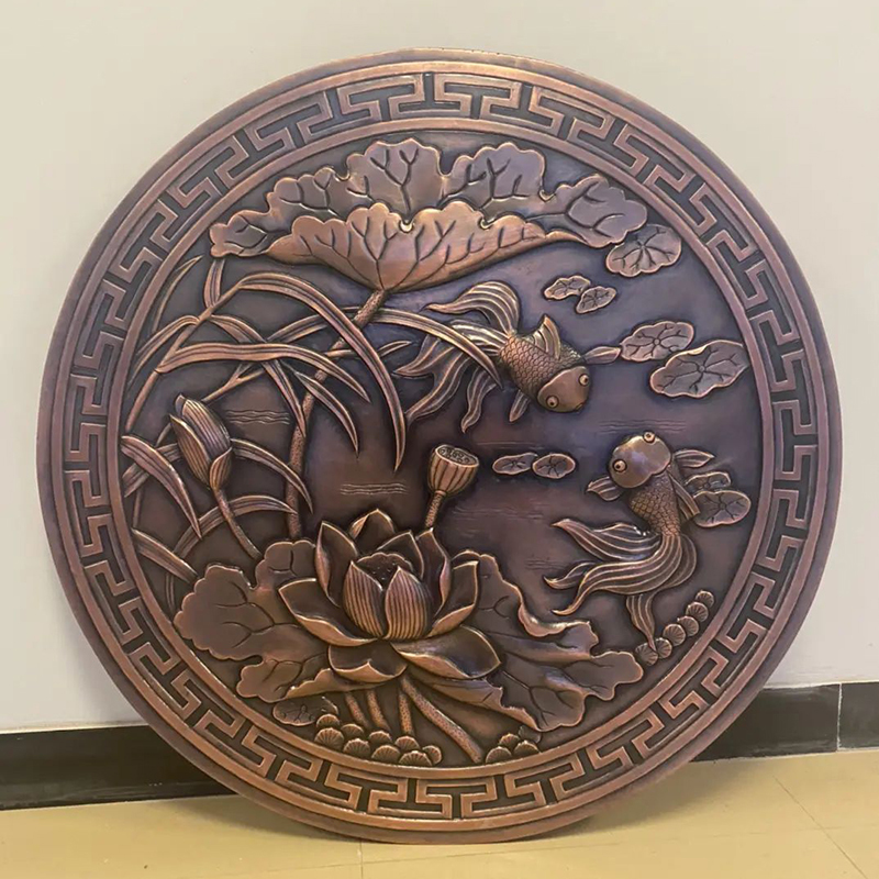 Round Forged Copper Relief Bronze Wall Hanging Decor Lotus Fish Pattern