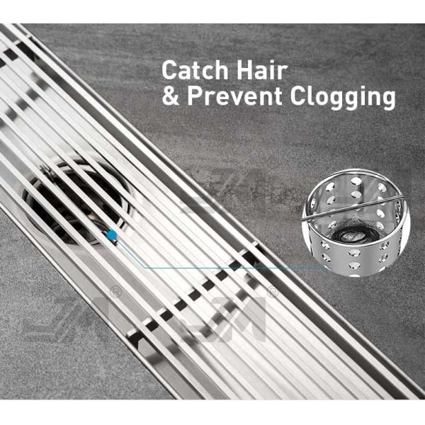 24 Inches Linear Shower Floor Drain With Removable Bars Pattern Grate