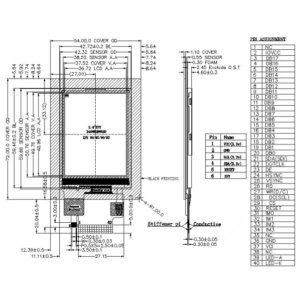2,4-дюймовый сенсорный ЖК-экран TFT 240x320 40 PINS MCU RGB SPI 450 CD/M2