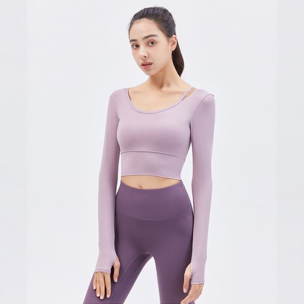 Ribbed Seamless Long Sleeve Crop Top for Women in Peach Pink - Buttery Soft Yoga & Workout Shirt with Built in Bra