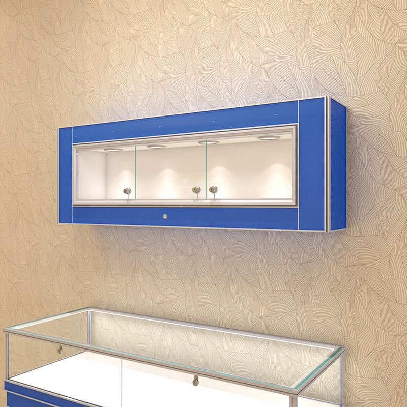 Wholesale Custom Lockable Display Cases and Wall-Mounted Stainless Steel Frame Jewelry Display Cases with LED Lighting