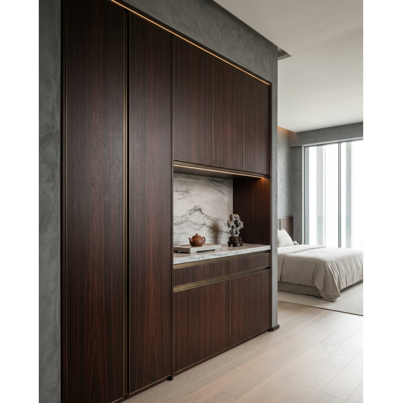 Rosewood Grain Walk-In Wardrobe with Bronze Accents in 304 Stainless Steel