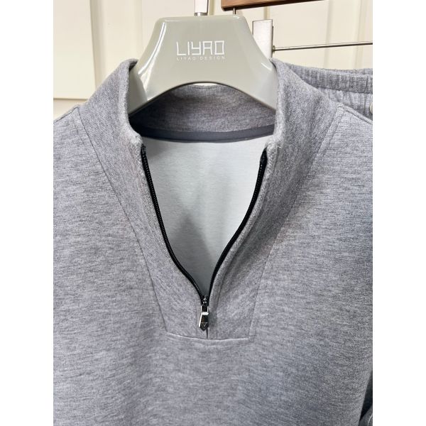 Minimalist Grey Heather Tracksuit Men Quarter Zip Mock Neck Pullover Sweatpants Set Quiet Luxury Cozy Athleisure Outfit Custom