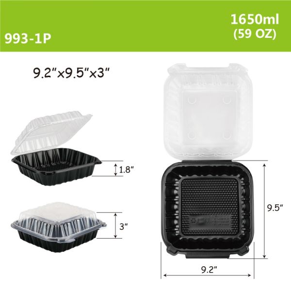 Transparent/ Black Transparent Disposable Food Box Microwave Safe Feature,PP Hinged Lid Clamshell Container,9.2”x9.5”x3”