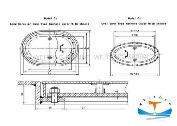 Manhole Marine Hatch Cover 450x350-800x600mm Long Circle Shape With M20 Bolt