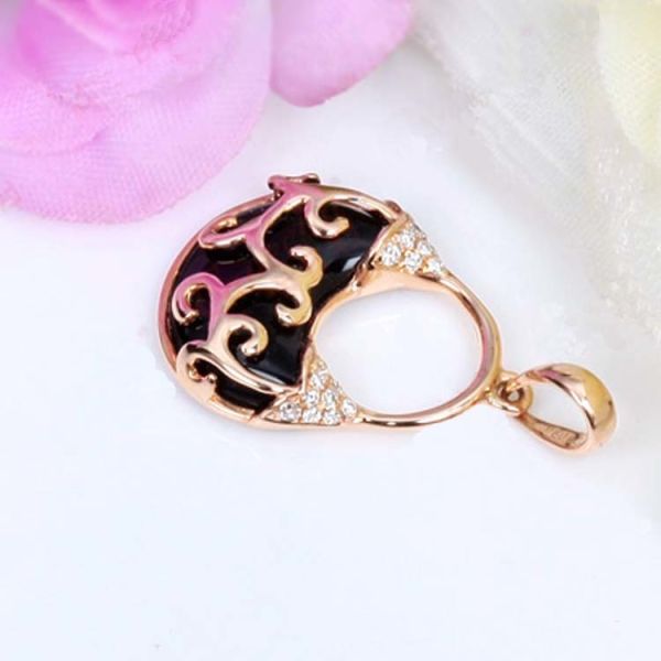 18K Rose Gold Natural Black Agate and Diamonds Pendant Necklace (GDN0020