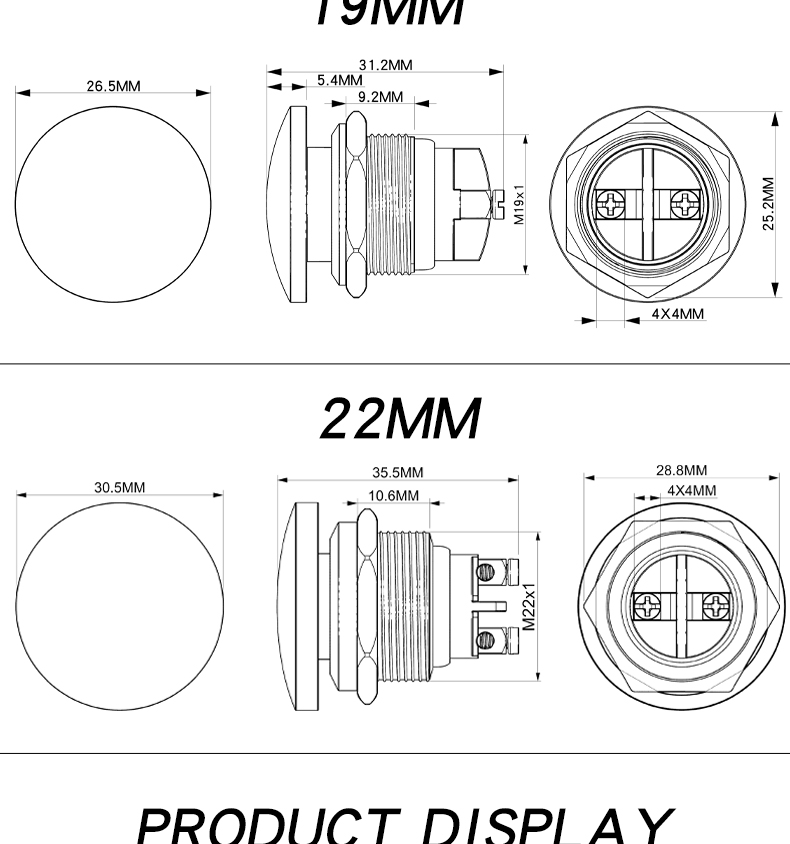 16/19/22mm Stainless Steel Self-Resetting Push Button Switch IP65 Level 220V Max Voltage Mushroom Head Screw Foot 1NO Switch