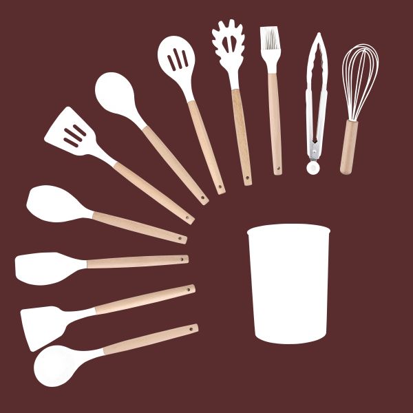 11Pcs Wooden Handle Silicone Kitchen Tools Set for 210 Degree High Temperature Cooking