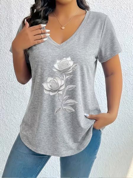 2026 New Arrival: Plus-Size Printed Short-Sleeve T-Shirt for Women – Casual, V-Neck, Loose-Fitting, Comfortable, and Versatile Top