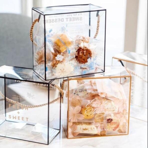 PVC Clear Sweet Packaging Box With Handle Eco PET Plastic Food Biscuits Storage
