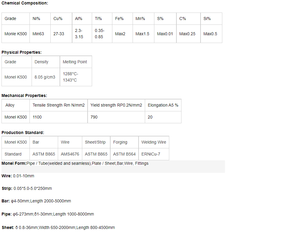 Лист Monel K500 UNS N05500 W.Nr.2.4375 покрова из сплава никеля K500