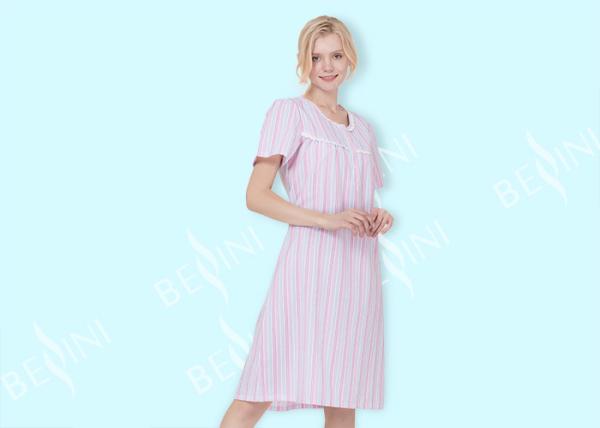 Lace Trimmed Female Night Dress , Short Sleeve Round Neck Women'S Pajama Dress