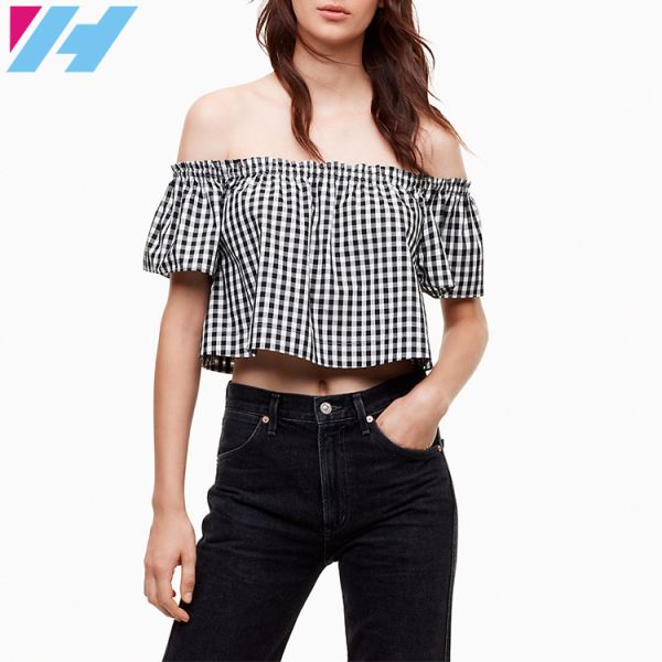 Latest Clothing Ladies Fashion Summer Top Cotton Plaid Off Shoulder Blouse for Women