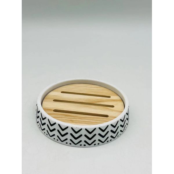 Accesorios de escritorio de baño de poliresina blanca Conformación redonda con madera Accesorios de inodoro Conjunto de cepillos de inodoro Dispensador de lavado manual