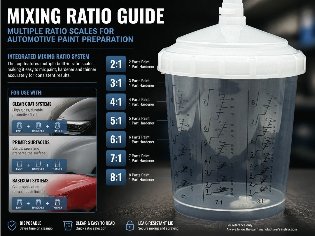Disposable Paint Mixing Spray Cup System with Ratio Scales for Automotive Refinish Spray Gun Painting