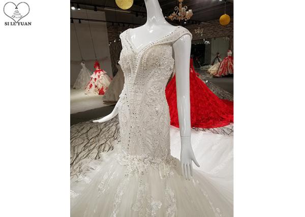 Off White Wedding Ladies Bridal Gown Custom Beading Lace Long Fishtail Bandage