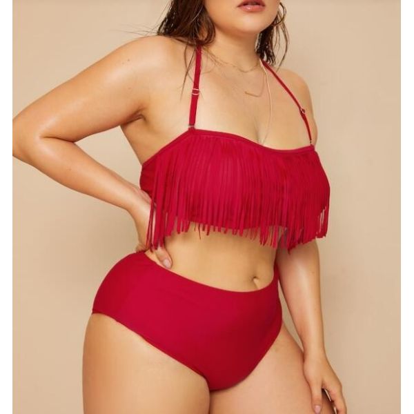 2019 New Plus Size Two piece Tassel High Waist Swimsuit Women Push up