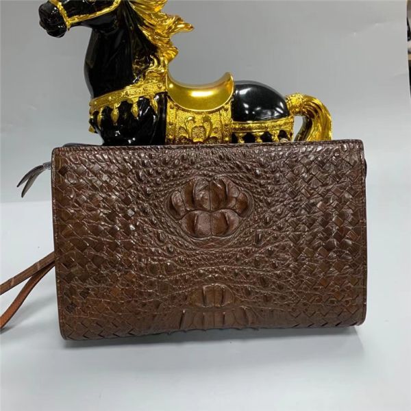 Knitted Designer Genuine Alligator Skin Men Woven Clutch Purse Authentic Crocodile Leather Male  Large Wristlets Bag