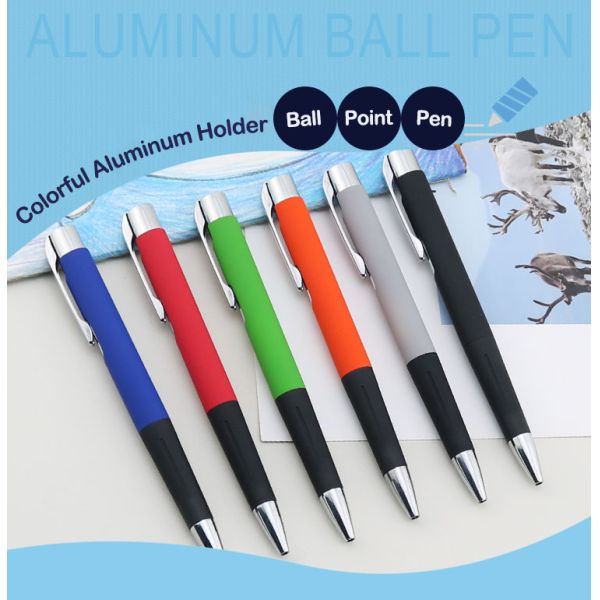 Plume à bille en aluminium à vendre à chaud revêtement doux poignée en caoutchouc doux Plume à bille à écrire lisse