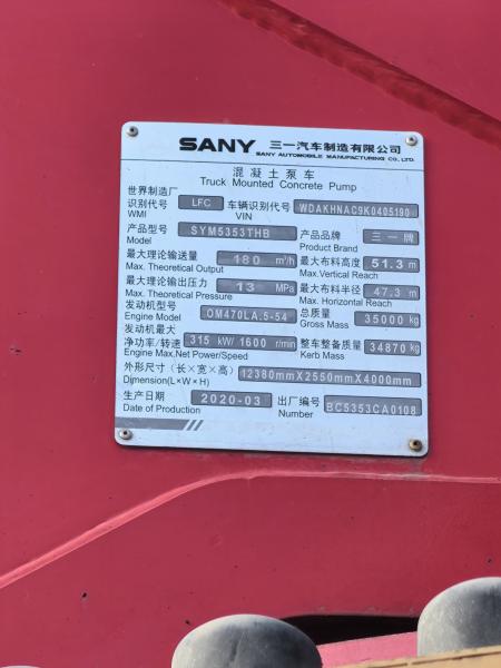 Camión bomba de hormigón Sany 52M de 2020 sobre chasis Mercedes-Benz