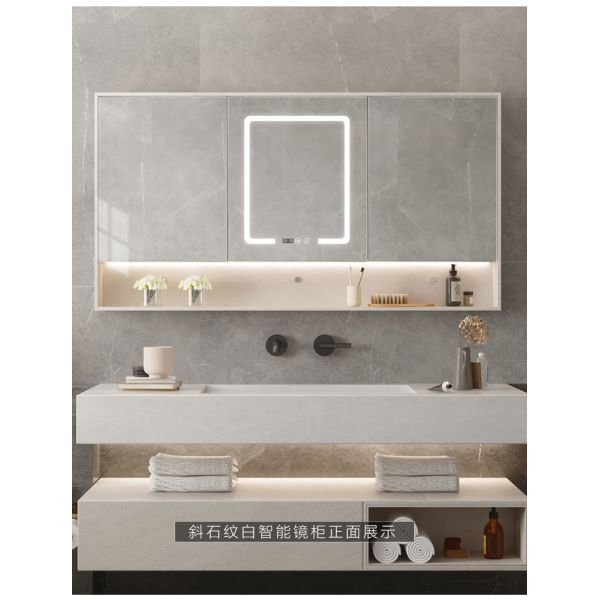 Solid Wood Bathroom Furniture Mirror Cabinet , LED Light Glass Cabinet Mirror