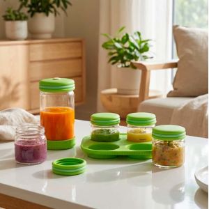 IKOO Glass Baby Food Containers with Silicone Lids, Small Baby Food Storage Jars with Tray Freezer, Fridge, Microwave and Dishwasher Safe