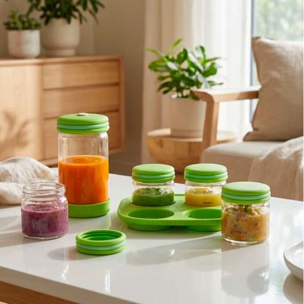 IKOO Glass Baby Food Containers with Silicone Lids, Small Baby Food Storage Jars with Tray Freezer, Fridge, Microwave and Dishwasher Safe