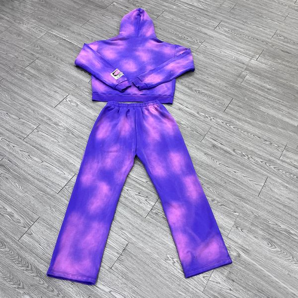 Conjunto de chándal con capucha y cremallera con apliques bordados personalizados, pedrería, descolorido por el sol, lavado al ácido, y pantalones de chándal de pernera ancha