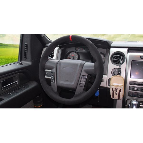 Hand Sewing Stitching Black Suede Red Stripe Steering Wheel Cover for Ford F150 F-150