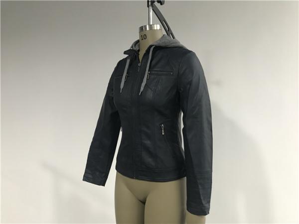 Cool Design Ink Ladies PU Jacket With Grey Melange Detachable Hooded TW77349