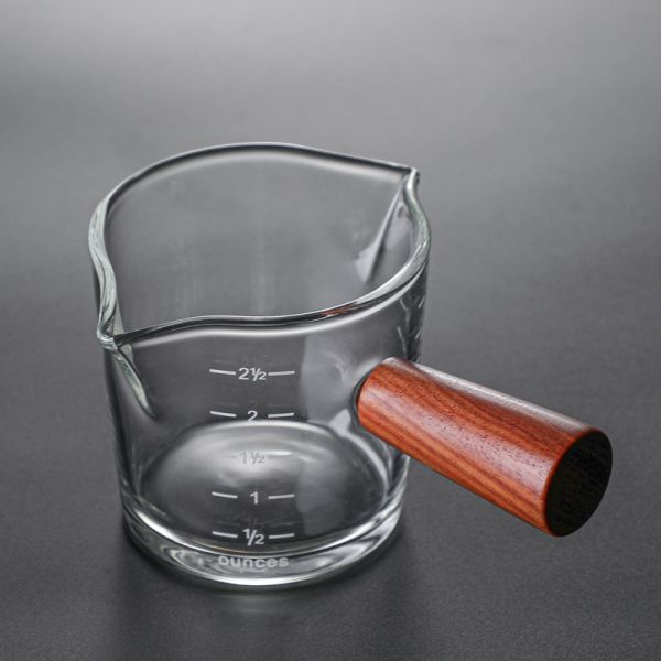 Double-Mouth Italian Walnut Glass Coffee Measuring Cup with Transparent Glass and Lid