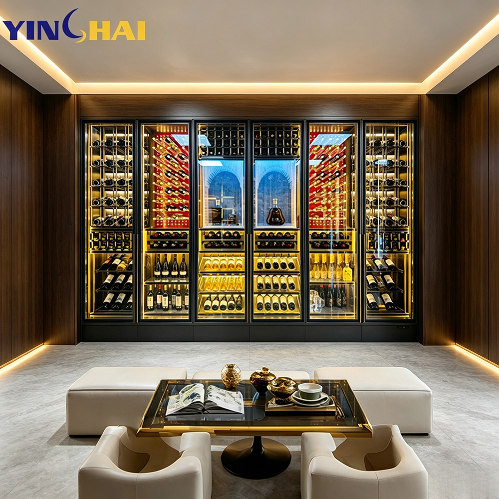 6-Door Large Wine Fridge Built-in Wine Cooler Large Capacity LED Glass Door