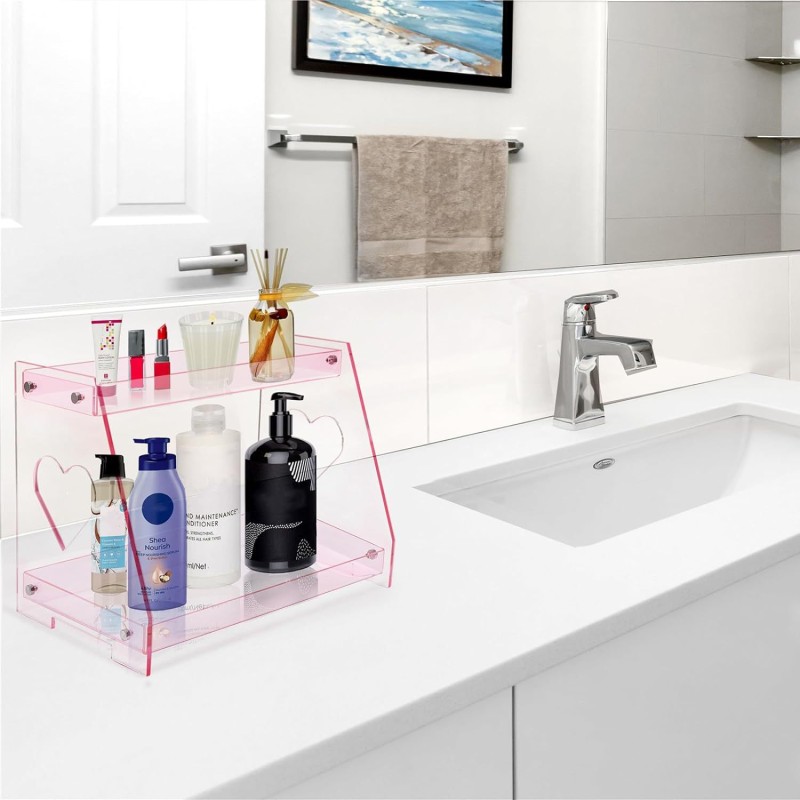 Custom-made 2-Tier Pink Heart Acrylic Tray Vanity Perfume Skincare Organizer Countertop Display Shelf
