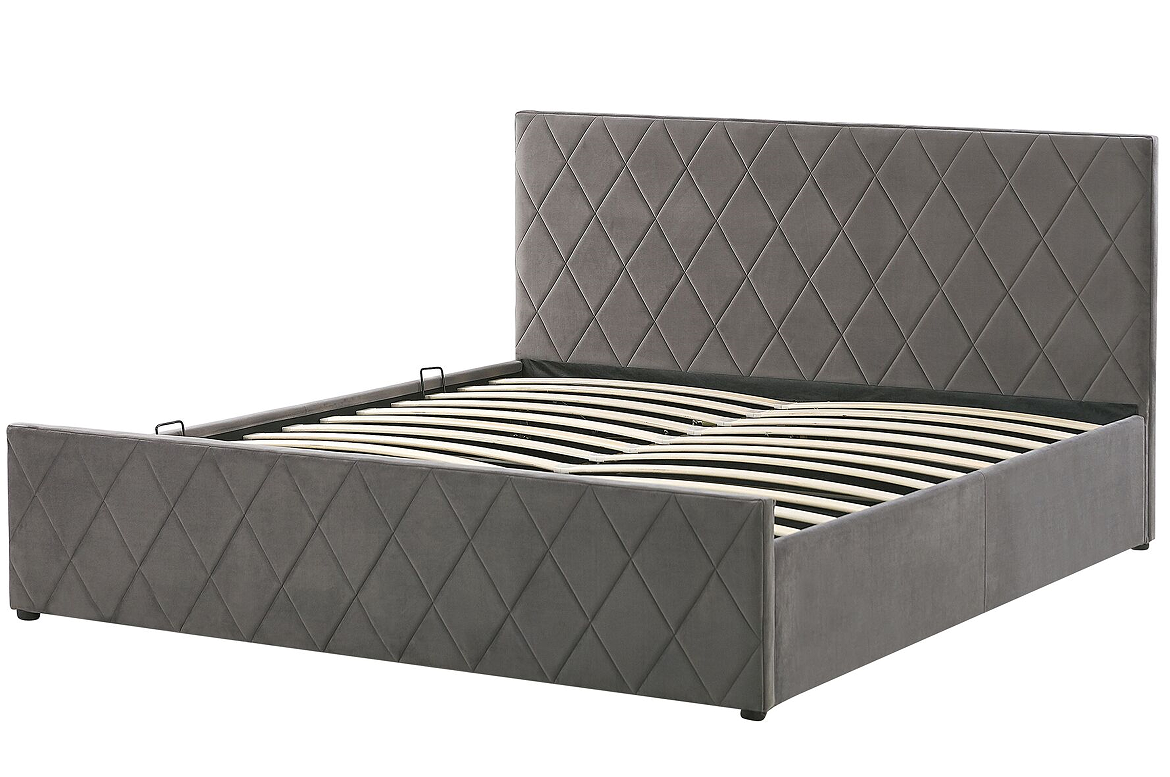 Upholstered Plywood Bed Frame Grey Velvet Fabric With Gas Lift Storage