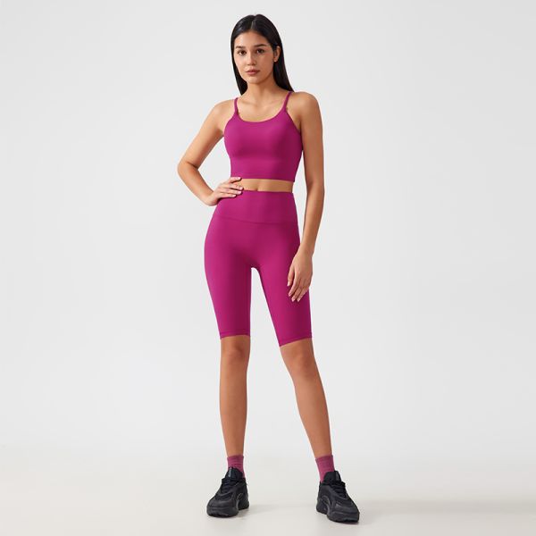 Pink Spaghetti Strap Cropped Yoga Tank Top High Waisted Leggings Set for Yoga