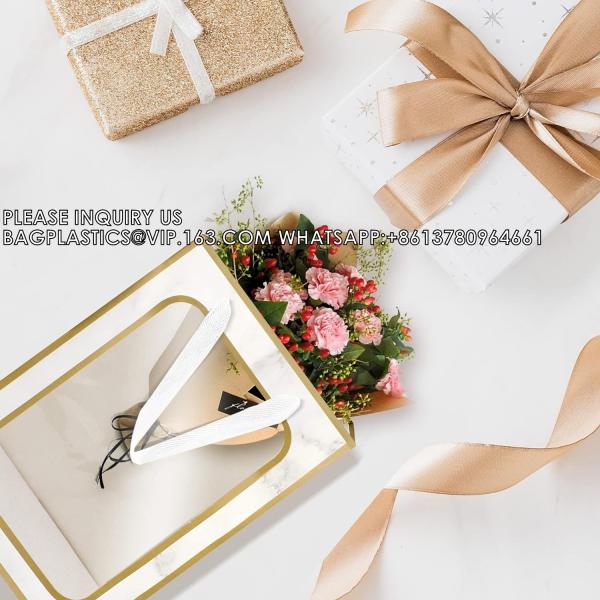 Flower Bouquet Paper Gift Bags With Handles, Wedding Party Bags Window Box Gift Wrapping Bags Small Cake Boxes Bakery