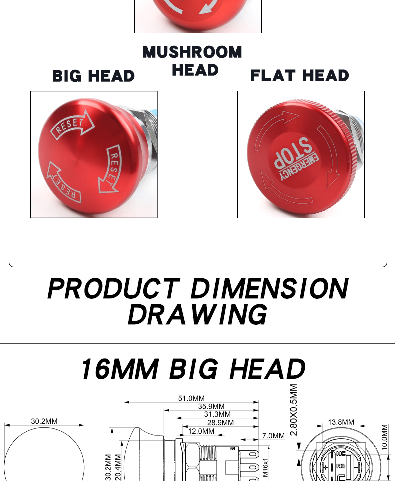 16/19/22MM Waterproof Stainless Steel Mushroom Head Switch Explosion-Proof Emergency Stop Power Button IP65 Level 220V Control