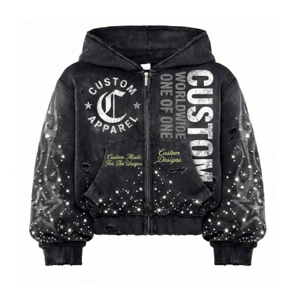 Custom Full Zip Hoodie Cotton Boxy Distressed Rhinestone Retro Style Graphic