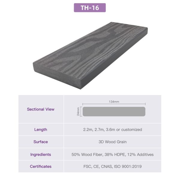 134*24mm 38% HDPE Solid Wood Decking Board FSC Light Grey High Strength