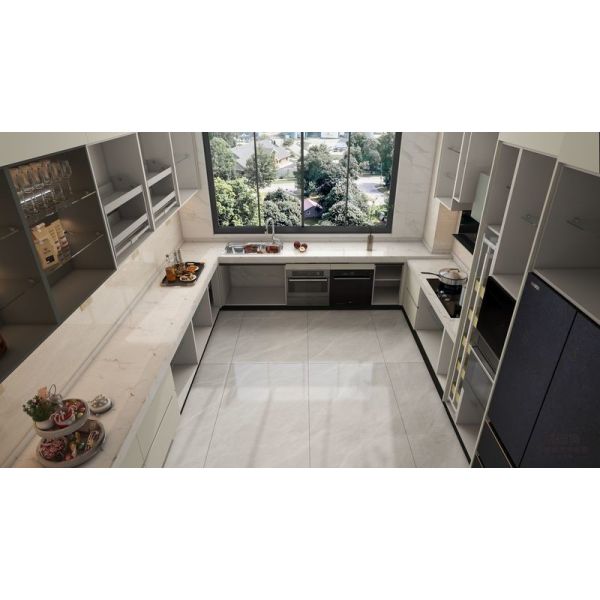 Off-White U-Shaped Stainless Steel Kitchen Cabinet with Island