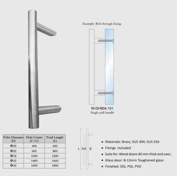 wooden door handles brass / SUS entry door handles set Dia. 32mm tub L600-L1800 W-DH604 glass door  handle