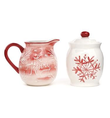 Christmas Kitchen Brunch Coffee Sugar And Creamer Set Container Ceramic With Lid And Holder