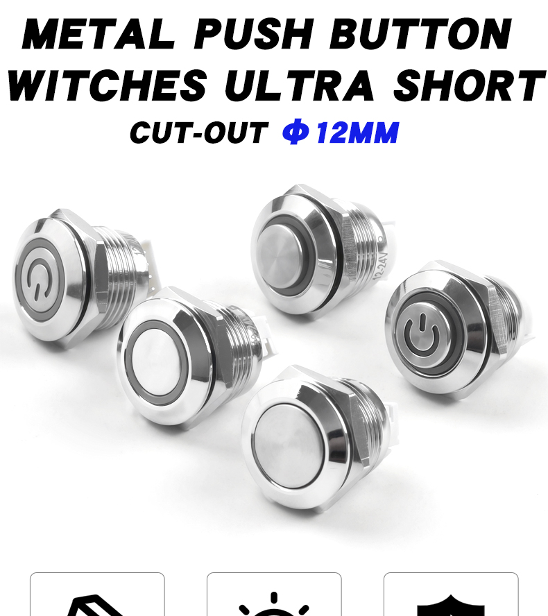 Ultra Short 12mm Momentary LED Mini Push Button Switch Flat/High Head Waterproof Metal Design