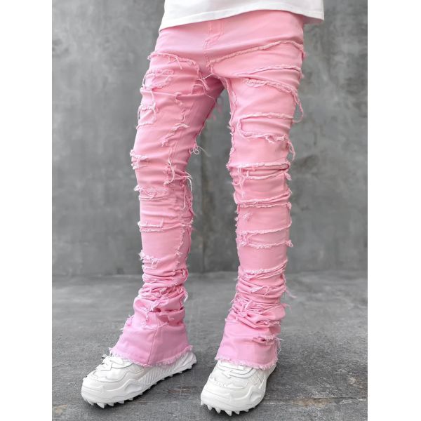 Street Style Men's Boot Cut Light Blue Damaged Tassel Applique Jeans Spandex/Cotton