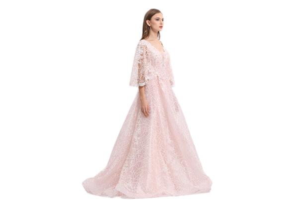 Pink Elegant A - Line Half Sleeve Evening Dresses With Detachable Train