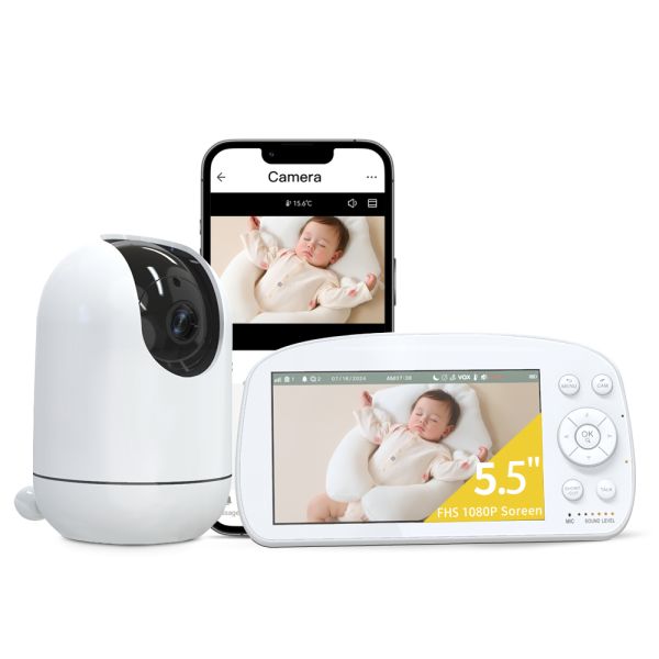Moniteur pour bébé WiFi 5,5 pouces 1080P avec panoramique, inclinaison, zoom et vision nocturne