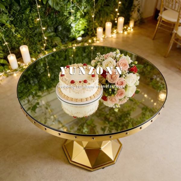 Elegant Modern New Arrival Wedding Ceremony Celebration Decoration Gold Stainless Steel Mirror Glass Cake Stand Hotel Dining