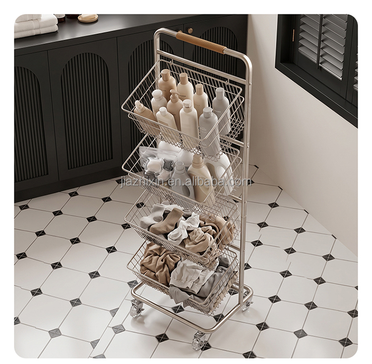 Double Tier 304 Stainless Steel Modern Non-Folding Laundry Basket & Storage Rack Wheels Mobile Unit for Bathroom Balcony