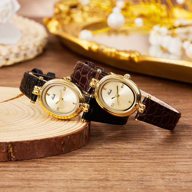 Vintage Women's Dress Watch – Sunburst Gold Dial Black Leather Strap